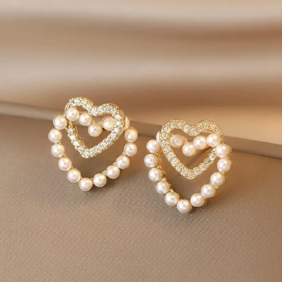 2/$24 Heart-Shaped Pearl & Rhinestone Stud Earrings - Picture 4 of 6